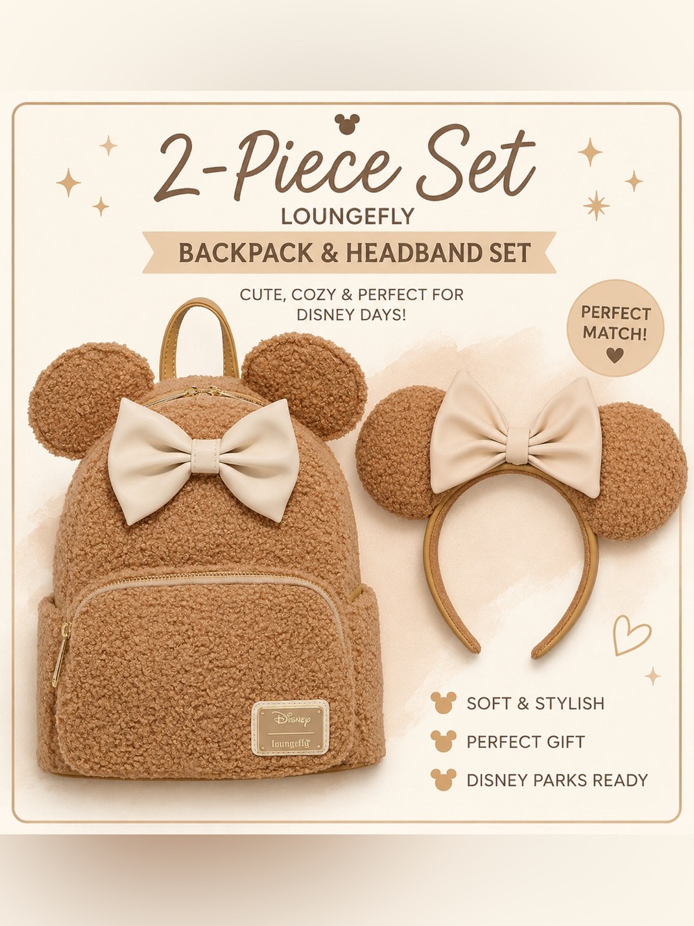 Loungefly Minnie Mouse Brown Sherpa Backpack & Ears Headband Set - NWT